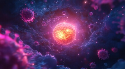 Aufkleber - Glowing cell at the center of a hostile environment filled with viruses creating tension in a microscopic world. Generative AI