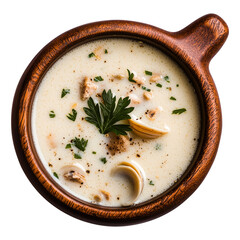Poster - Creamy clam chowder in rustic wooden bowl, garnished with fresh herbs and clams, isolated on transparency background. rich texture and savory aroma make it comforting dish