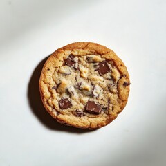 Poster - Crispy chocolate chip cookie with a golden brown edge resting on a white plate under soft natural light