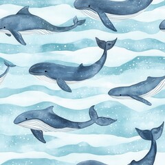 Poster - Serene watercolor cartoon of whales swimming peacefully in gentle waves of blue and white