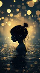 Aufkleber - Child surrounded by glowing orbs in a tranquil water setting during dusk hours