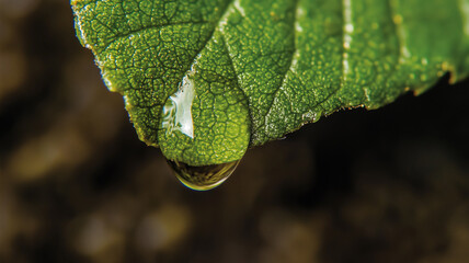 Poster - close up view of single droplet hanging from vibrant green leaf, showcasing intricate leaf texture and natural beauty. droplet reflects surrounding environment