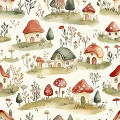 Aufkleber - Serene watercolor doodle of whimsical houses and mushrooms in a tranquil landscape