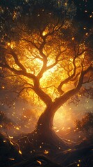 Poster - Serene silhouette of a glowing tree illuminated by warm light in a tranquil forest at sunset