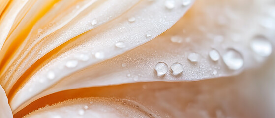 Aufkleber - Close up of dewdrops on delicate flower petal, showcasing nature intricate beauty and soft textures. gentle curves and warm hues create serene and calming atmosphere