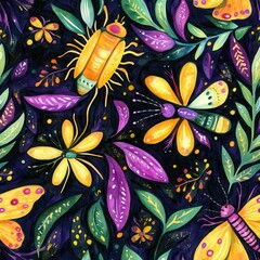 Poster - Colorful doodle cartoon drawings with vibrant insects and flowers in a whimsical garden setting
