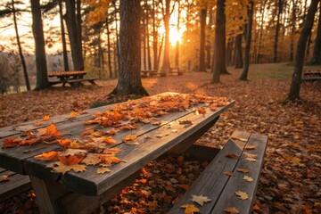 Golden Autumn Sunset A Rustic Wooden Picnic Table Adorned with Fallen Maple Leaves in a Serene Forest