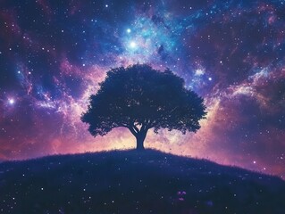 Wall Mural - majestic solitary tree silhouette in serene field against spectacular cosmic space background with g