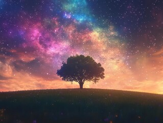 Wall Mural - majestic solitary tree silhouette in serene field against spectacular cosmic space background with g