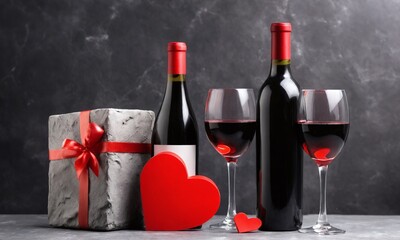 Romantic wine gift arrangement with red hearts and a present for a special occasion. Valentine’s Day, date, engagement, love, wedding, background