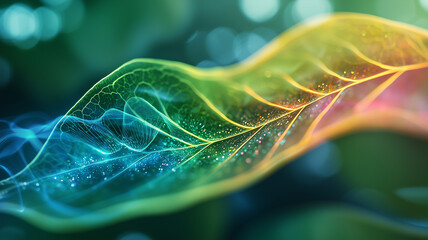 Poster - vibrant, conceptual image of leaf with glowing energy patterns and intricate details, showcasing beauty of nature design and complexity of biological structures