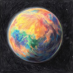 Poster - Pencil drawing of a vibrant exoplanet showcasing unique colors and textures in a dark cosmic background