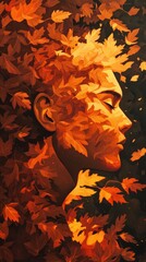 Poster - Mystical profile of a man surrounded by vibrant autumn leaves in a tranquil setting