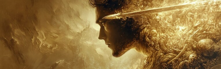 Aufkleber - Mystical profile of a man intertwined with elemental forces and surreal details radiating golden light