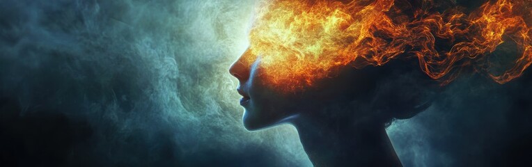 Poster - Mystical profile of a man illuminated by colorful flames and vibrant light in a surreal atmosphere