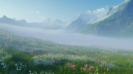 Poster - Mountain valley covered in soft spring fog with blooming flowers and majestic peaks in the background