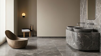 Poster - Modern bathroom showcasing gray marble flooring and elegant design elements for stylish relaxation and comfort