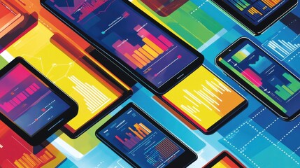 Leinwandbilder - Harmonious arrangement of smartphone screens displaying colorful data visualizations and graphs in a modern digital setting