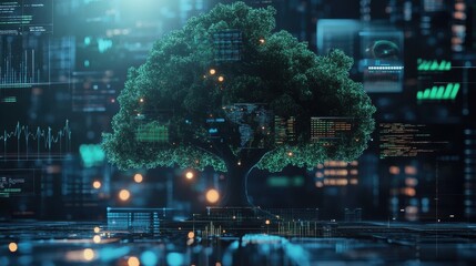 Poster - Futuristic financial landscape with a digital tree symbolizing growth and sustainability