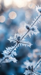 Fototapete - Frosty branch glimmers in cool blue hues amidst winter's icy embrace under soft sunlight