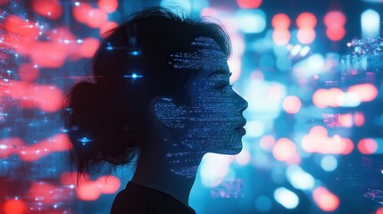 Poster - Woman glowing with vibrant neon colors in a futuristic setting at night