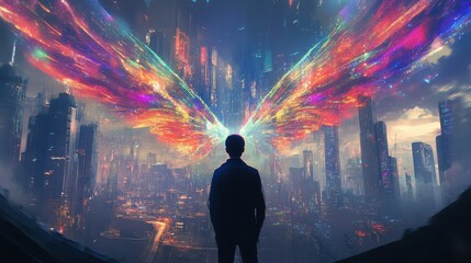 Poster - Silhouette of a man standing before a vibrant cityscape with colorful wings spreading from behind