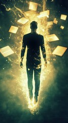 Aufkleber - Conceptual portrayal of a glowing man surrounded by floating books in a mystical environment