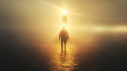 Aufkleber - Man glowing in fog approaching a lighthouse at sunrise over calm waters