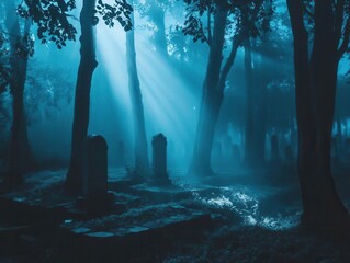 Wall Mural - mystical foggy cemetery at night with ethereal light beams illuminating ancient gravestones through dark trees