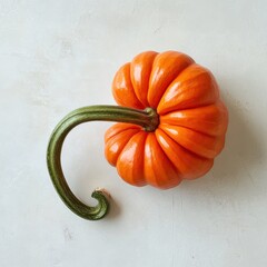 Poster - Bright orange pumpkin with a curved green stem on a light background, showcasing autumn's harvest beauty and seasonal charm