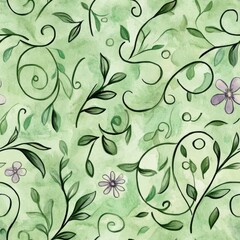 Poster - Calming watercolor doodle patterns with delicate floral and leafy designs on a soft green background