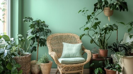 Aufkleber - Cozy bedroom corner featuring light green walls and lush indoor plants in woven pots and a comfortable chair