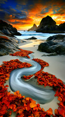 Wall Mural - Autumn Stream, Coastal Sunset Landscape