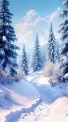 Poster - Snow-covered landscape with tall pine trees and a winding path under a blue sky