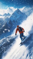 Aufkleber - Dynamic snowboarding action on a stunning mountain slope with snowflakes and majestic peaks in the background