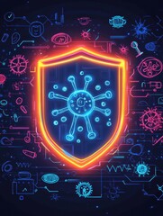 Fototapete - Shield protecting against microbes with neon design emphasizing safety and health awareness in a digital artwork. Generative AI