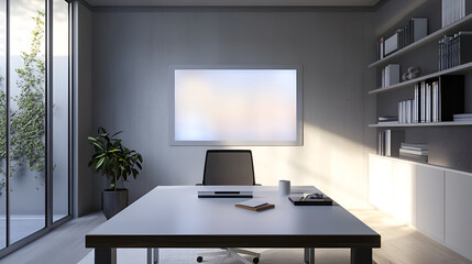 Wall Mural - A minimalist home office with an interactive hologram