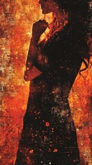 Aufkleber - Glowing silhouette against a warm bronze and deep red background with sparkling elements at sunset