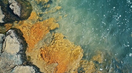 Poster - Natural interplay of coral hues and water reflections along a rocky shoreline at midday