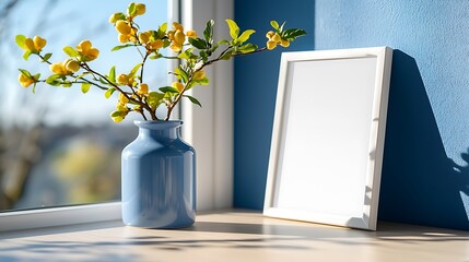 Canvas Print - Sunlight Illuminates Yellow Blossoms in a Blue Vase on a Windowsill