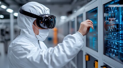 Poster - Technician in Cleanroom Using VR Headset to Monitor Industrial Equipment