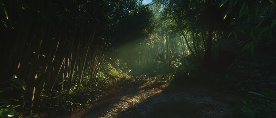 Poster - Lush green forest pathway illuminated by sunlight filtering through the trees in early morning hours