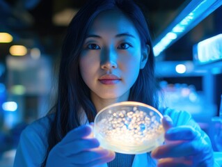 Aufkleber - Scientist examining a petri dish under blue light in a laboratory setting