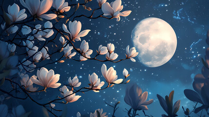 Sticker - A serene night sky cradles a full moon that casts its silver light on blossoming magnolias, their branches weaving a delicate silhouette against the stars. Nightbloom. Illustration