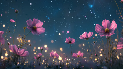 Wall Mural - enchanting night sky with pink cosmos flowers and sparkling stars in a dreamy landscape. nightbloom.