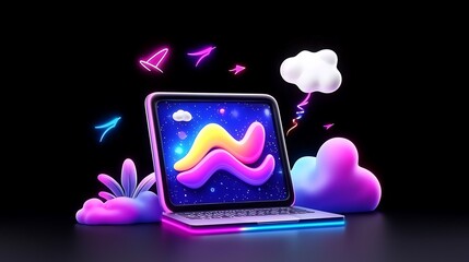 Fototapete - Vibrant 3D Render of a Laptop with a Colorful Wave Symbol