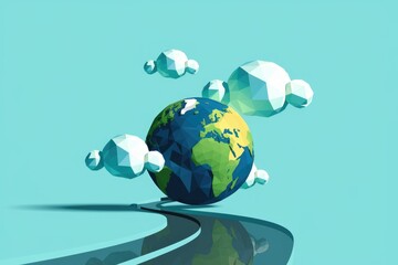 Poster - Low-poly Earth model floats above a turquoise path, surrounded by stylized clouds.