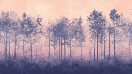 Poster - Silhouette of a forest at dusk with muted colors and gentle mist creating a serene atmosphere