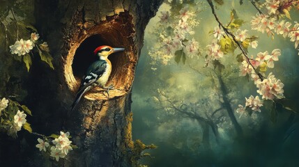 Aufkleber - Woodpecker engaging in tree trunk excavation at dawn amidst blooming flowers