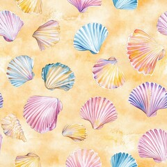 Poster - Vibrant watercolor pattern featuring colorful seashells against a soft, golden background